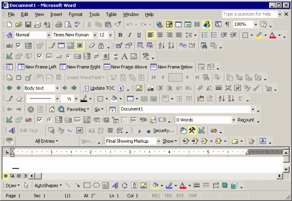 Microsoft Word showing all the toolbar options. Yes all 202 of them.